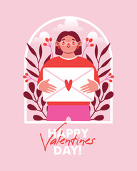 Cute young woman holding big envelope with love letter among plants, leaf and berries. Card to Saint Valentine's Day. Flat Design. Modern vector illustration with female person in love. 