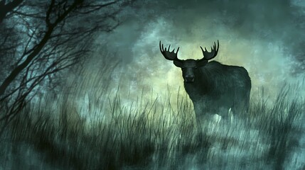 Naklejka premium Moose near a tranquil forest pond, reflecting the calmness of nature, surrounded by lush vegetation and serenity, style book illustration