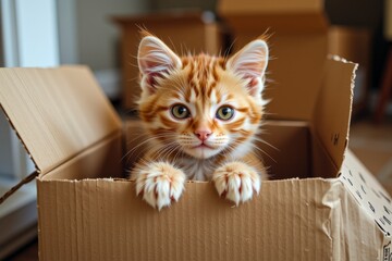 Adorable Ginger Kitten Playing in Cardboard Box Cute Pet Home Animals