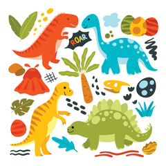 Doodle Set of Dinosaurs and Elements Clipart