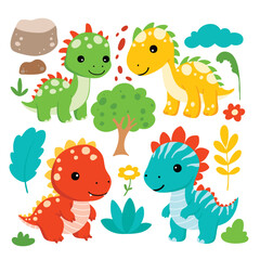 Doodle Set of Dinosaurs and Elements Clipart