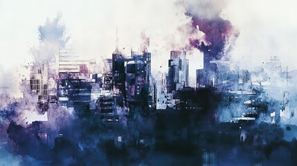 Obraz premium A vibrant watercolor painting of a city skyline, blending modern architecture with a dreamy, misty ambiance.