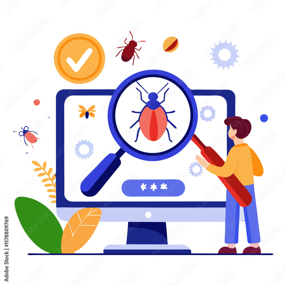 Poster a software tester is focused on a monitor displaying a bug identification process. the environment s