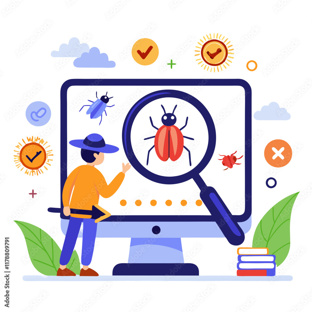 Poster a software tester focuses on identifying bugs displayed on a computer screen, using a magnifying gla
