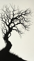 A striking silhouette of a bare tree with intricate branches, set against a stark white background, showcasing minimalist art.