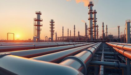 Large industrial gas pipelines in a modern refinery at sunrise 3d render, Side lit, with white tones