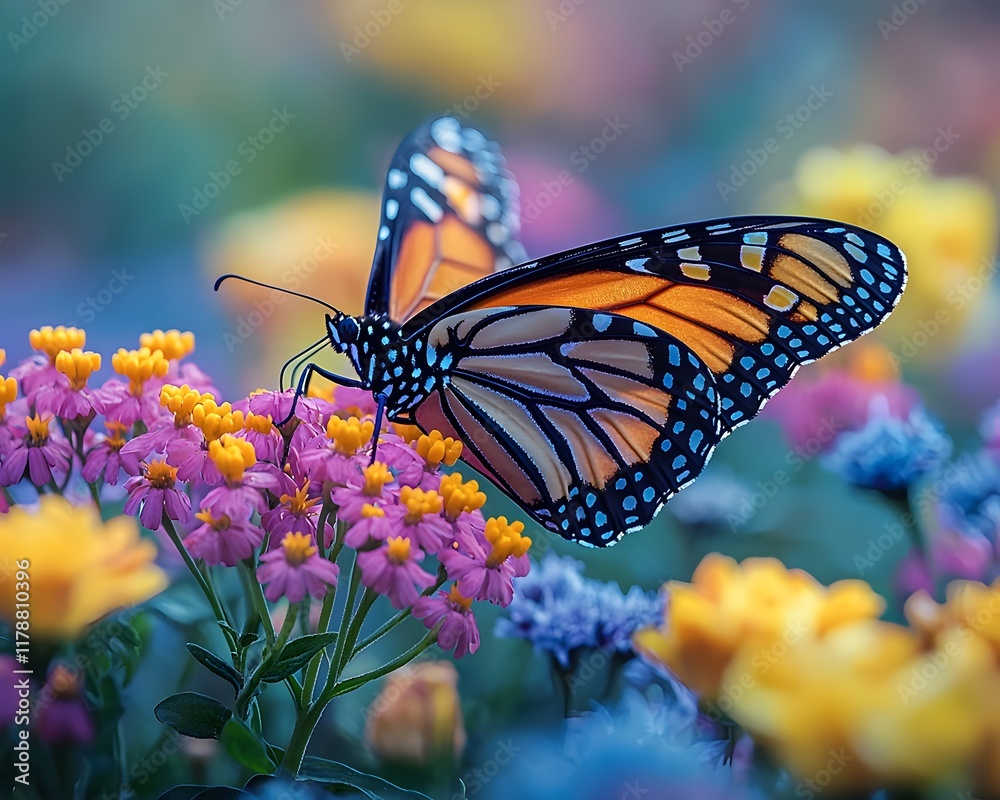 Wall mural Vibrant Monarch Butterfly Resting on Colorful Flower with Fluttering Wings