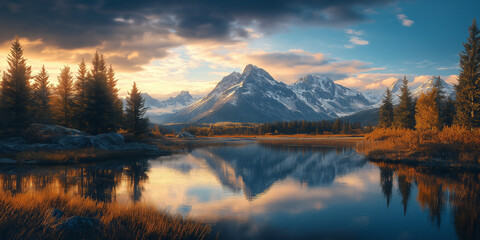 Fototapeta premium Majestic mountain sunrise reflected in tranquil lake rocky mountains landscape photography natural beauty scenic viewpoint peaceful environment