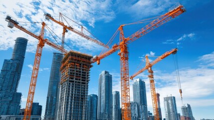 A vibrant construction site with towering cranes and modern skyscrapers under a clear blue sky, showcasing urban development and architectural progress.