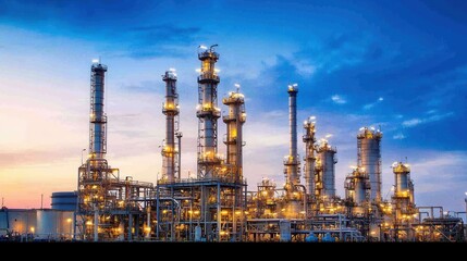 Fototapeta premium A vibrant sunset illuminates a large industrial refinery, showcasing towering smokestacks and complex structures against a dramatic sky.