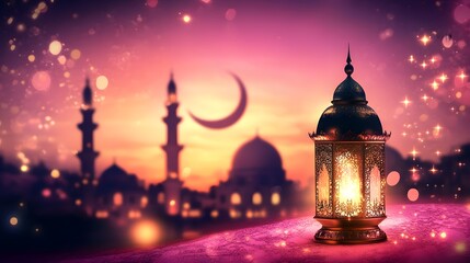 Obraz premium Lantern and a crescent moon for Eid Mubarak and Ramadan Kareem on a pink background, with copy space for text