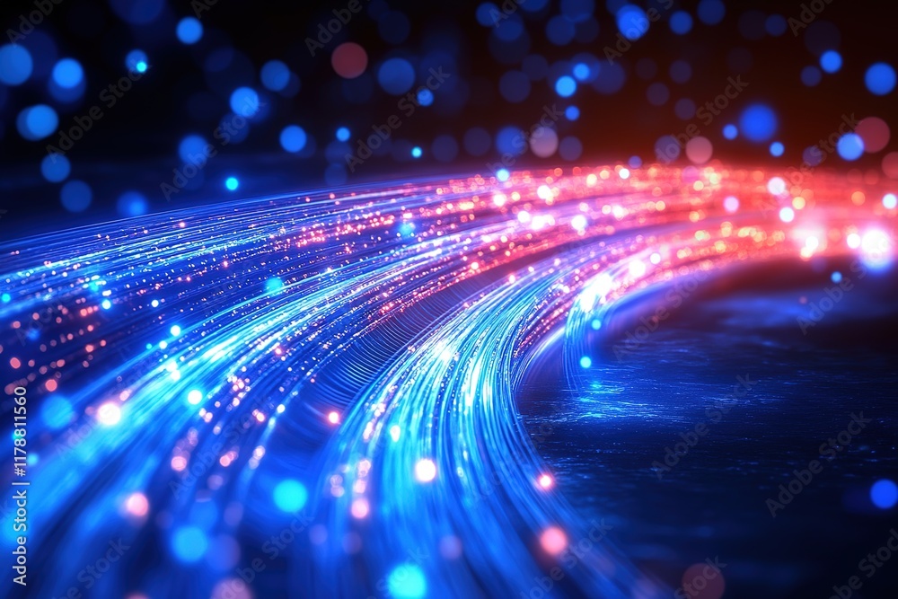 Poster an abstract technological background featuring a futuristic display of internet fiber effects, creat