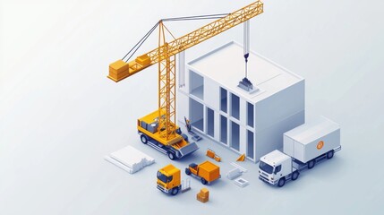 A construction site scene featuring a crane lifting materials onto a building, surrounded by trucks and construction elements.