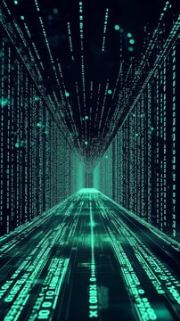Experience a stunning digital landscape with flowing data streams and binary code in a mesmerizing dark tunnel design.