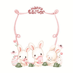 Watercolor Illustration Pink Ribbon Frame with Happy Easter Sign with Easter Rabbit Holding Easter Egg