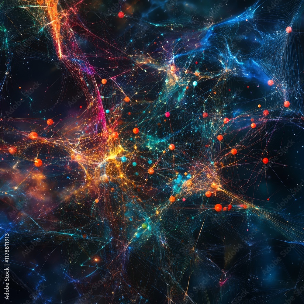 Poster surreal digital network visualization featuring colorful connections and abstract patterns in a cosm