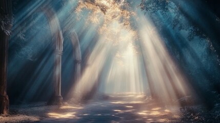 Encounter a surreal and dreamy environment where light filters through a wooded canopy, creating a mystical atmosphere filled with tranquility and beauty.