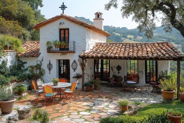 Obraz premium Small two-story Spanish-style house with white walls and red tiles, featuring an outdoor dining area, colorful chairs, oak trees, and a black cross.