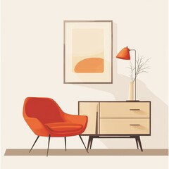 A red chair is sitting in front of a white dresser. A vase with flowers is on the dresser