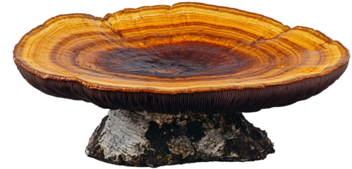 Close-up shot of a large, vibrant mushroom with a golden hue