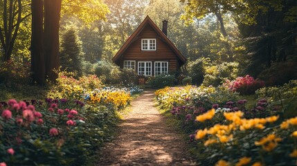 Fototapeta premium Secluded Cabin in a Blooming Garden: A charming wooden cabin nestled amidst a vibrant, colorful garden bathed in warm, golden sunlight. A picturesque path leads to the idyllic retreat.