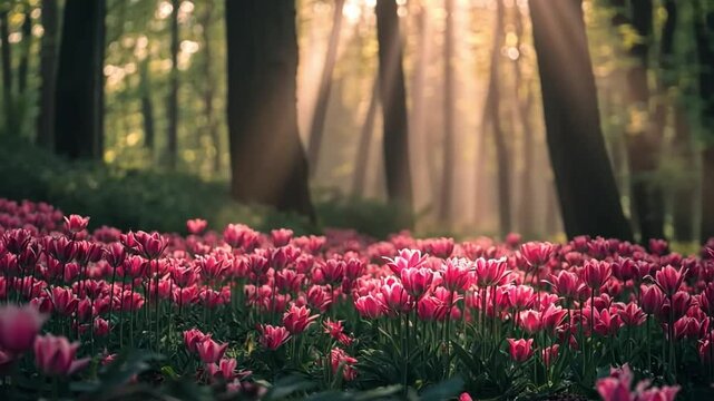 flowers, forest, nature, light, pink, scene, trees, beautiful, photography, art, vibrant, woodland, sunlight, peaceful, outdoors, landscape, wildflowers, spring, tranquil, bloom, greenery, field, colo