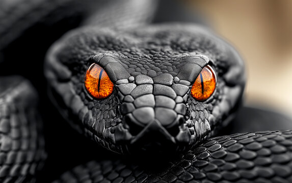 A black snake with red eyes and a black body