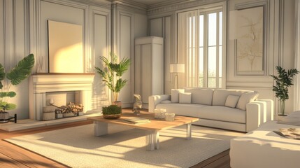 Fototapeta premium A living room with a white couch, a coffee table, and a fireplace. There are several potted plants in the room, including one near the couch and another near the fireplace