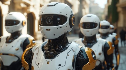 Fototapeta premium A lineup of humanoid robots in a futuristic urban setting.