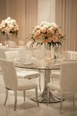 A beautifully arranged wedding reception table with a floral centerpiece, crystal glassware, and elegant white chairs in a luxurious setting.