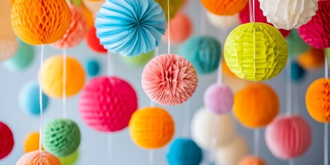 Bright paper lanterns and pom poms in various colors hanging against a soft blue background, perfect for festive occasions.