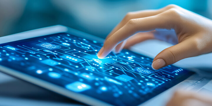A close-up shot of a hand using a tablet displaying a futuristic digital interface. - Powered by Adobe