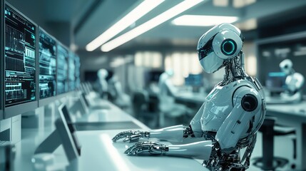 Fototapeta premium Futuristic robot development in labs through AI.
