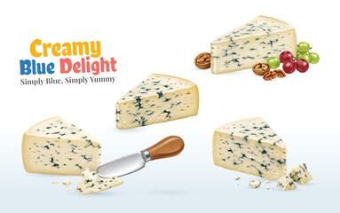 Blue Cheese Icons Set with Grapes Nuts Cheese Knife and Crumbled Pieces for Gourmet Food Projects