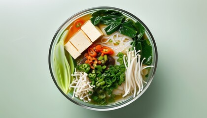Vibrant Bowl of Vietnamese Vegetarian Pho with Fresh Toppings and Ingredients Displayed