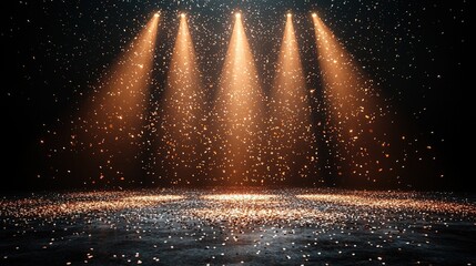 A stage with beams of light illuminating floating particles.