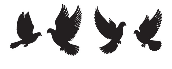  flying dove silhouette vector, Birds icon set, animal vector, Pigeon silhouette | vector silhouette illustration on white background, dove logo vector icon illustration, logo template