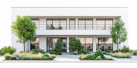 Fototapeta premium A modern, white office building with well-maintained landscaping.
