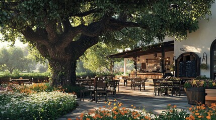Obraz premium Serene Outdoor Cafe: A charming outdoor cafe with a rustic patio, nestled beneath the shade of a sprawling oak tree. The scene is bathed in warm sunlight.