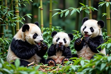 Naklejka premium Adorable Giant Panda Cubs Eating Bamboo in Lush Green Forest
