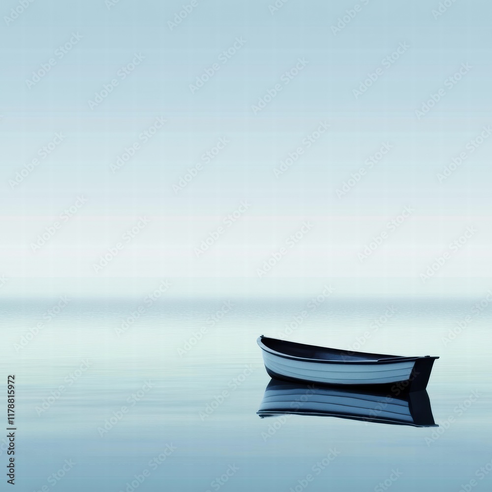 Poster Simple boat silhouette resting on calm water with soft reflections and ample space for text or mock up. Generative AI