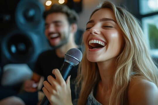 A woman is singing into a microphone while a man looks on