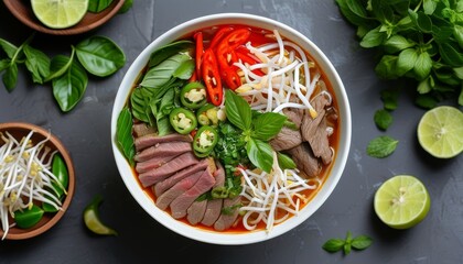Freshly Prepared Vietnamese Pho with Herbs, Toppings, and Lime on Dark Surface