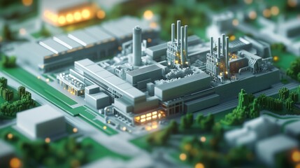 Low-poly model of an industrial complex surrounded by green spaces.