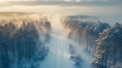 Fototapeta premium Snowy forest road at sunrise, aerial view.