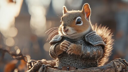 Obraz premium A squirrel in knight armor standing guard at a grand castle, combining medieval fantasy elements with natural wildlife.