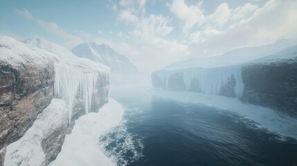 A breathtaking view of a frozen fjord, with towering cliffs and distant mountains dusted in snow.