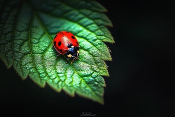 Fototapeta premium A red and black ladybug on the edge of a green leaf captured with high - quality, high - detail macro photography under high natural light.