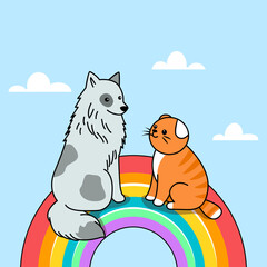 dog and cat sitting on rainbow in sky with clouds. pet death concept. vector illustration