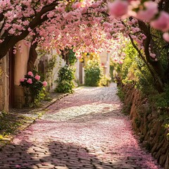 Fototapeta premium A Walk Through Spring: A cobblestone path lined with vibrant pink cherry blossoms, creating a whimsical scene of springtime beauty. The soft sunlight filters through the branches.